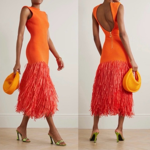 SUPER RARE  Aje Raffia Trimmed Ribbed Stretch Knit Midi Dress Orange Size XXS. - Picture 12 of 12